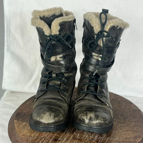 BORN Boots Women's Size 7.5 Zuniga Brown Distressed Leather Moto Winter Wool - Picture 11 of 14